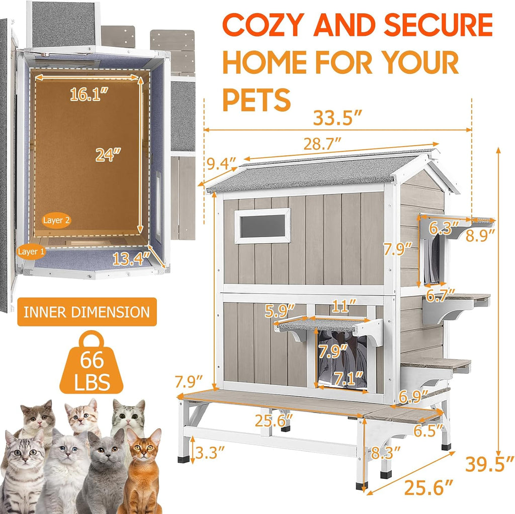Insulated Outdoor Cat House for 2-3 Cats, 2-Story Wooden Shelter