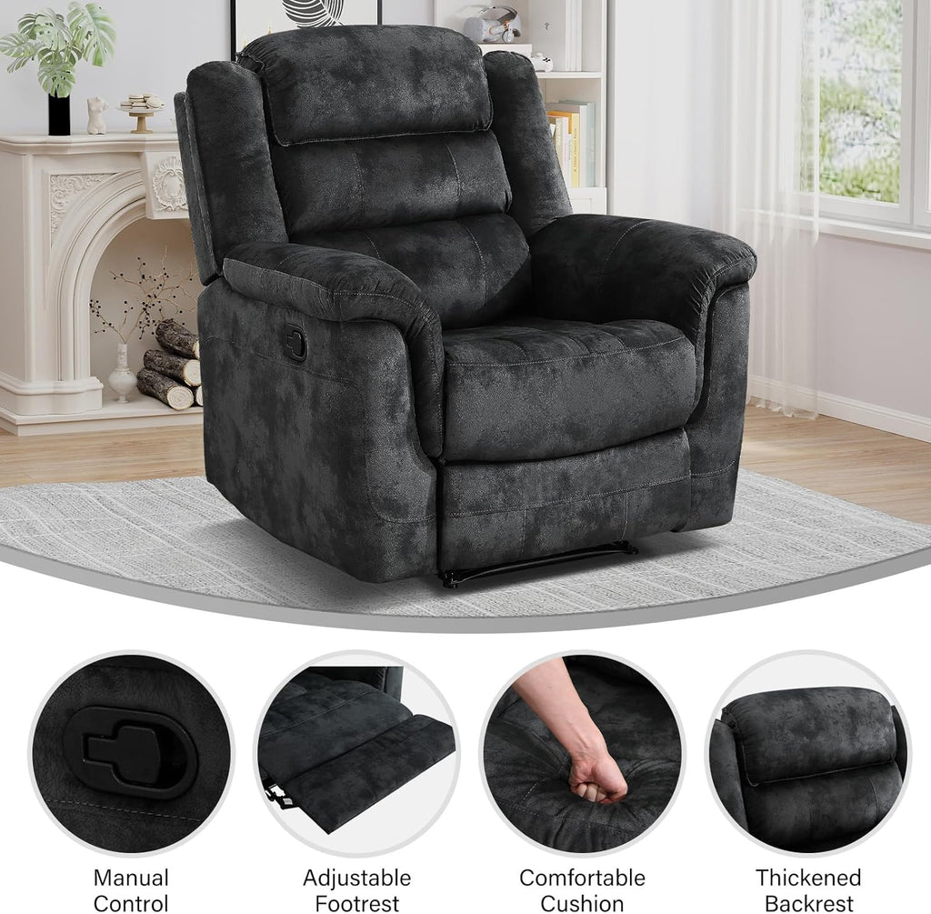Manual Recliner Chair, Soft Fabric Recliner Sofa with Overstuffed Armrest and Backrest , Grey