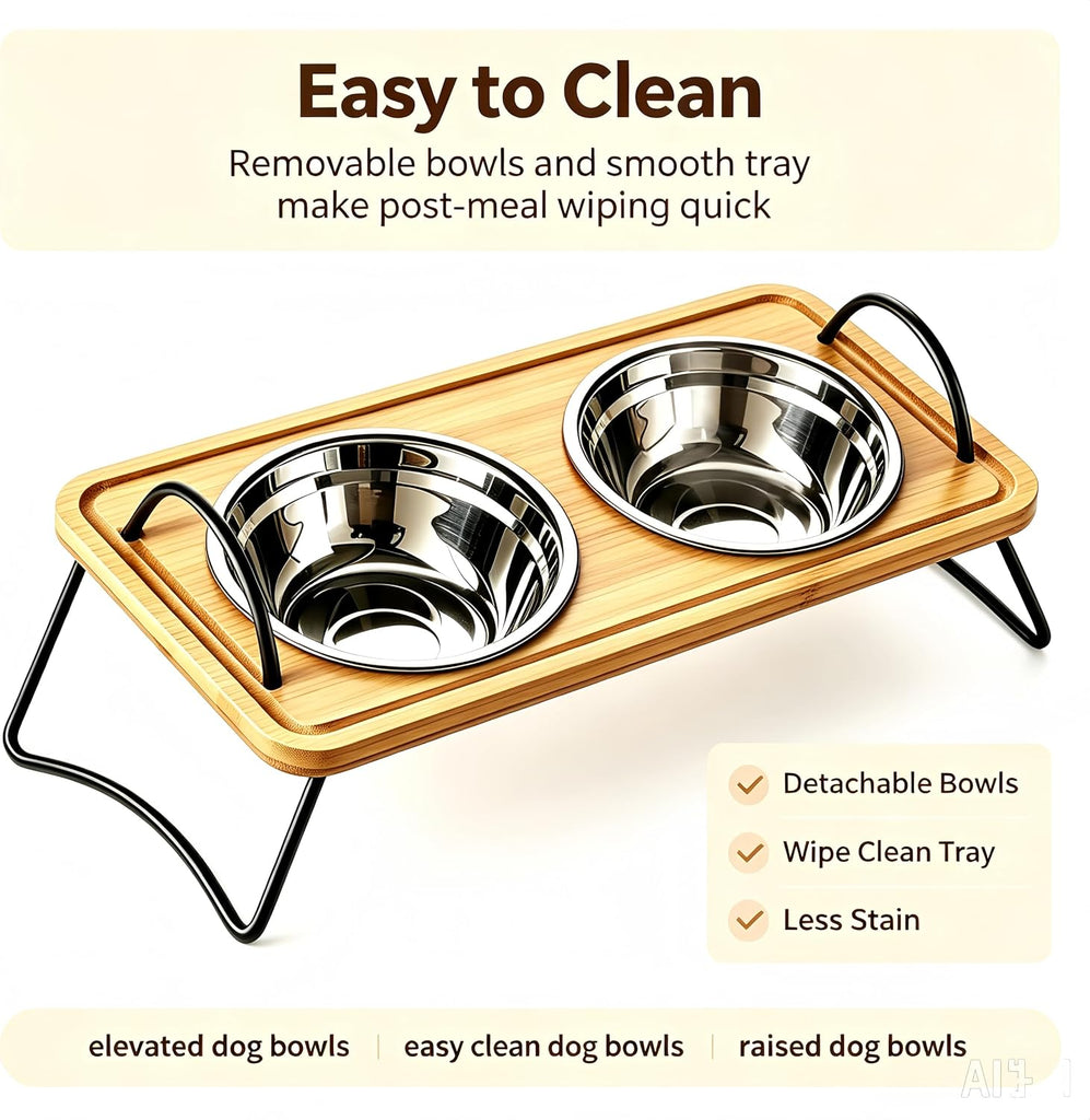 Dog Bowls elevatedRaised and Cat Food Bowl Stand, Elevated Bamboo Pet Feeder with 2 Removable Stainless Steel Bowls