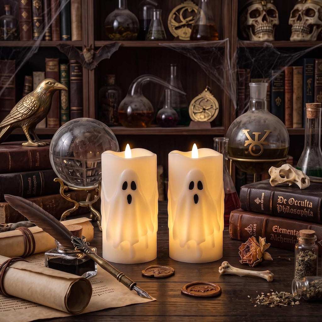 Halloween Ghost Flameless Pillar Candles with Remote Timer - Set of 2
