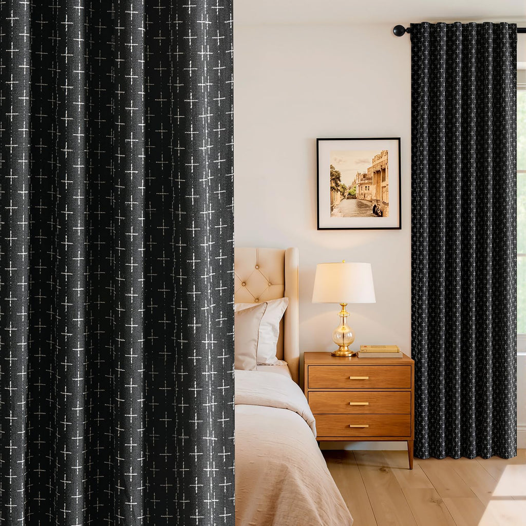 100% Blackout Decorative Linen Curtains with Geometric Pattern, Thick Woven Farmhouse Rustic Patterned Drapes with Back Tab for Bedroom and Living Room, Black, 52 x 84 Inches, 2 Panels