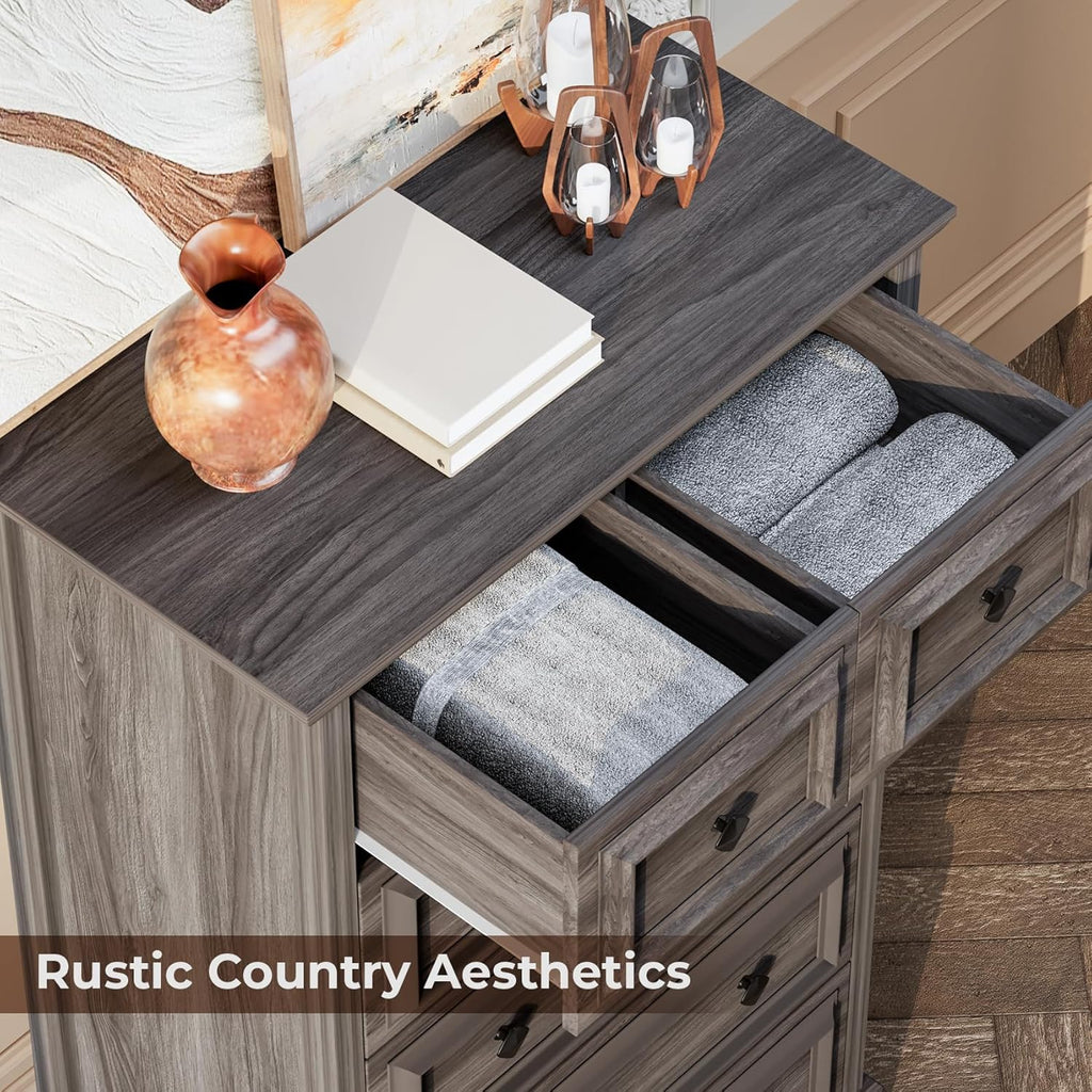 Grey Dresser, 48" Tall Dresser with Natural Texture & Metal Handles, 6 Drawer Chest of Drawers , Vintage Design