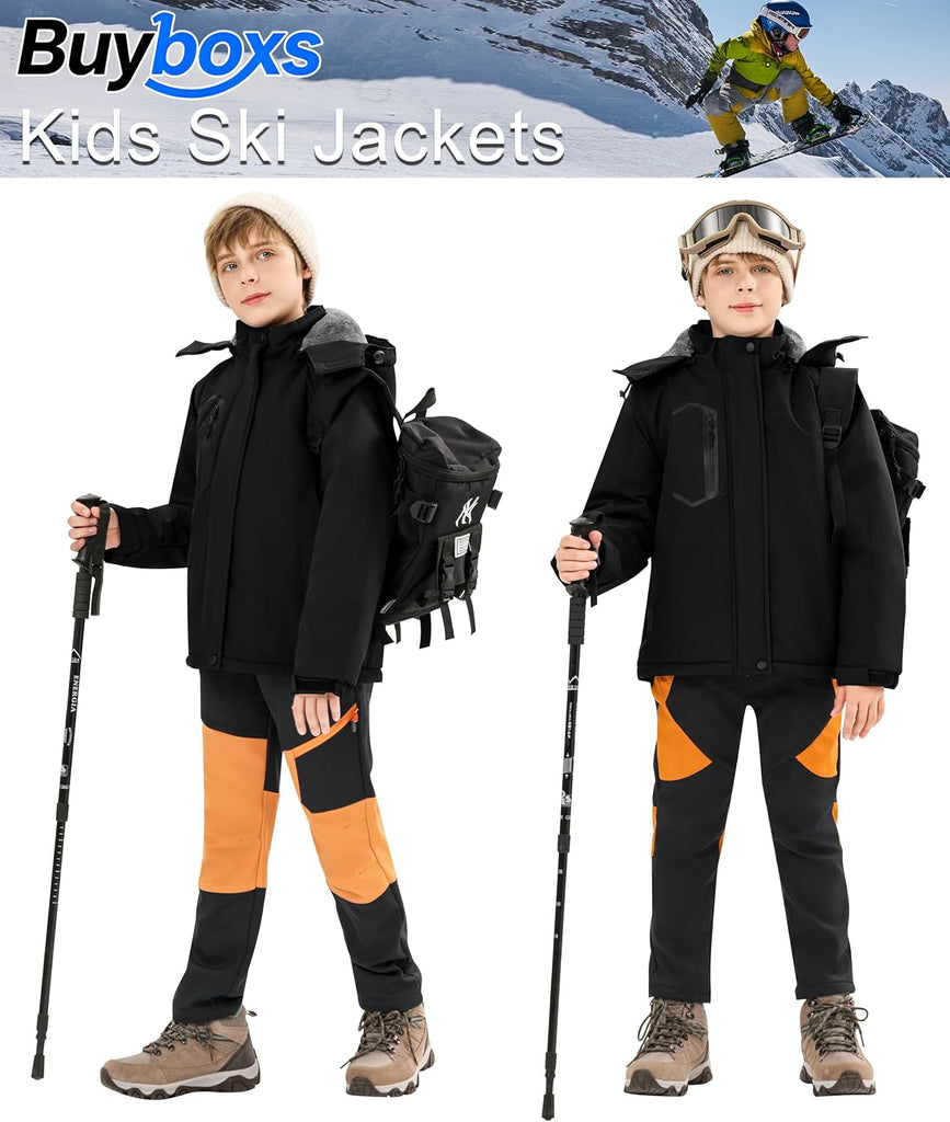 Kids Winter Jackets Warm Fleece Waterproof Snow Jacket with Zipper Pockets Detachable Hood