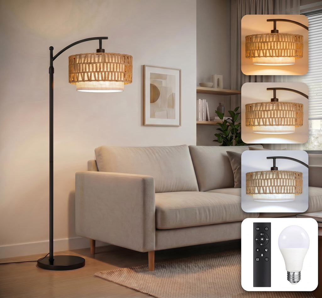 Arc Floor Lamp with Remote, 57.5"-67" Height Adjust Dimmable Bulb Floor Lamps with 3 Color Temps, Boho Standing Lamp