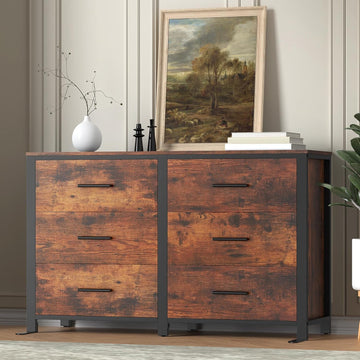 Rustic Brown Dresser, Wide Wood Dressers Furniture with 6 Wooden Drawer and Metal Frame, TV Stand with Deep Drawer