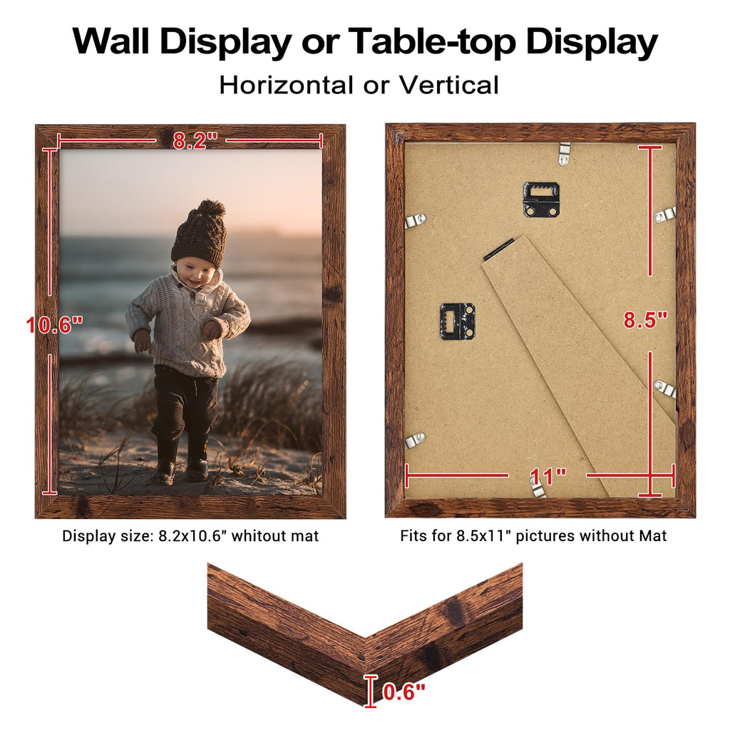 8.5x11 Picture Frame Rustic Brown Set of 4, Wooden Diploma Frames