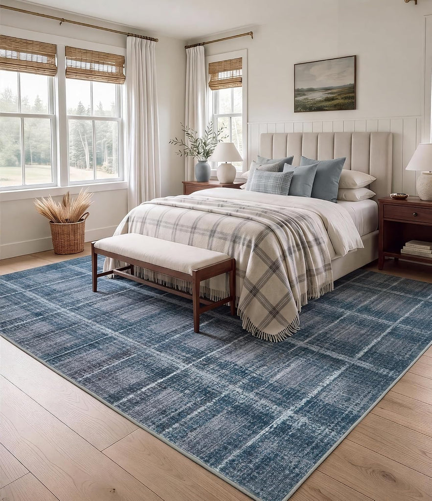 Blue Grey Distressed Plaid Area Rug
