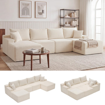 118" Cloud Sectional Boneless Couch, U-Shaped Modular Couch, Beige