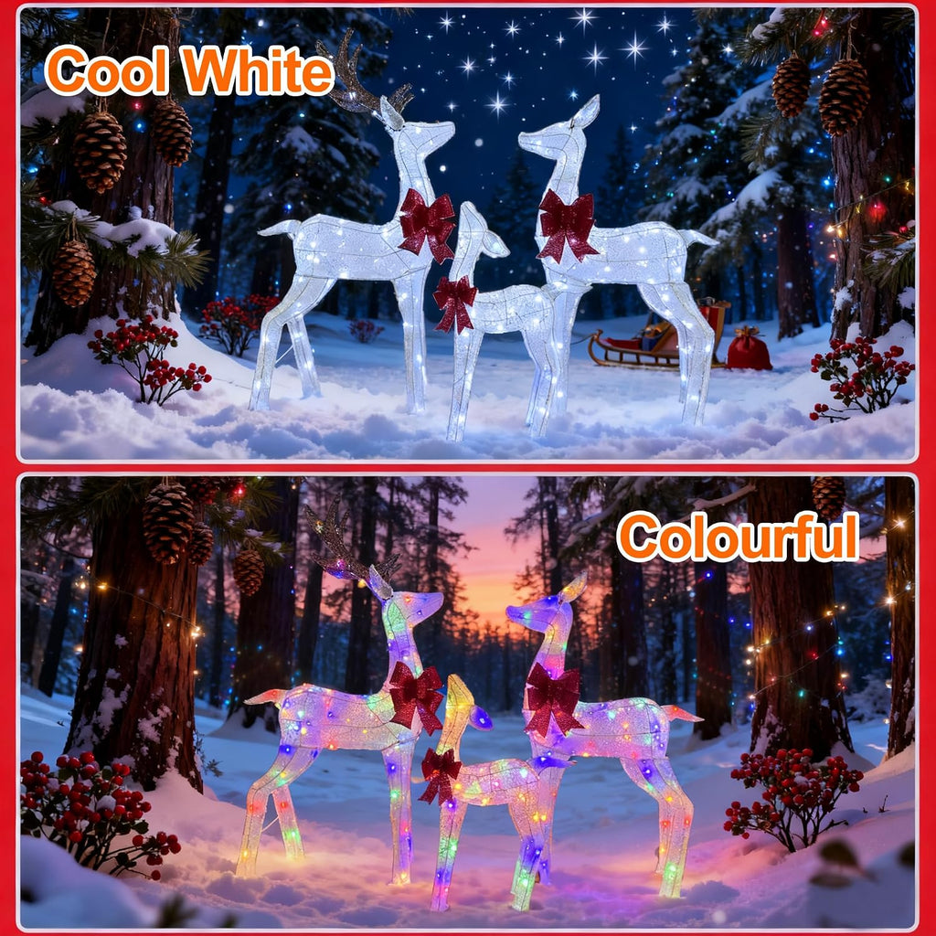 3-Piece Pre-Lit 3D Reindeer Family Decor, Outdoor Christmas Deer Set with Cool White & Colorful LED Lights,Waterproof