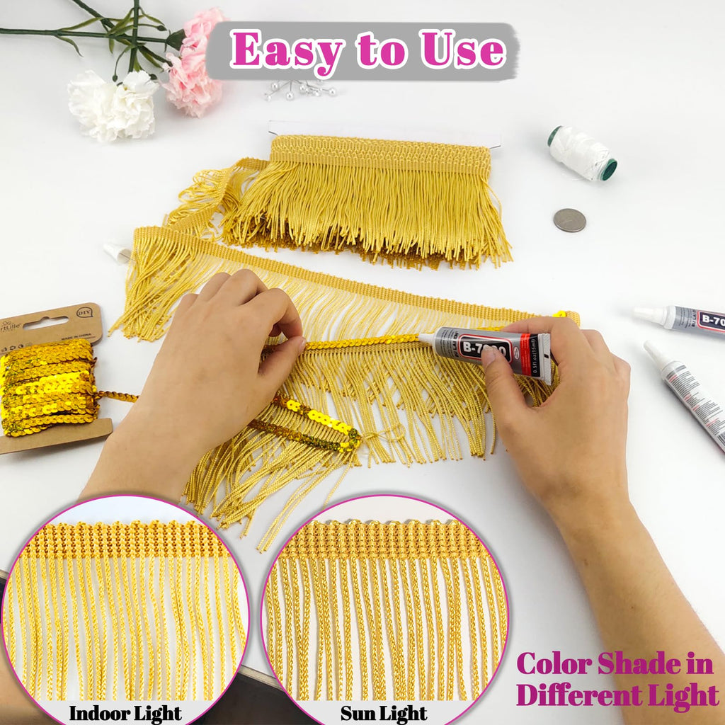 Gold Fringe Trim, 3Yards X 4Inch Fringe Trim with B7000 Glue for Crafts Wedding Birthday Party Decoration,Sewing