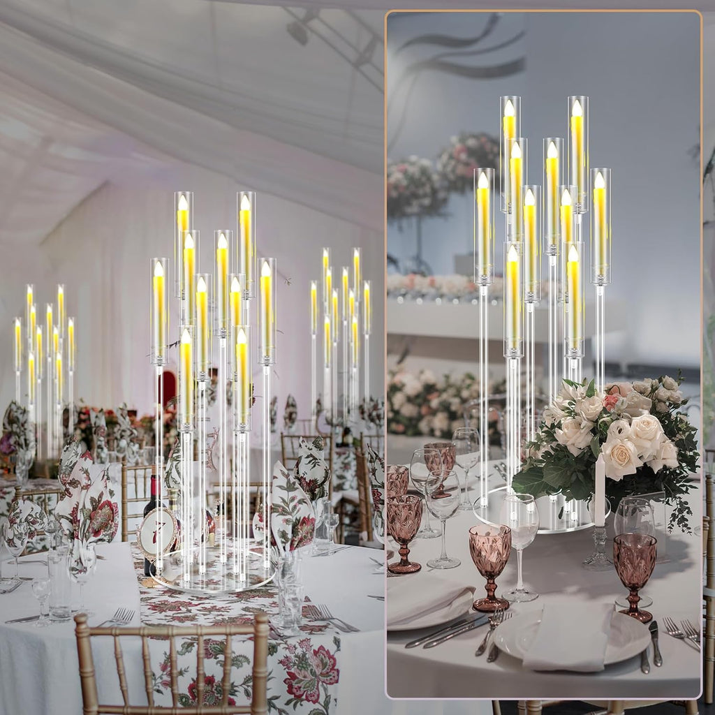 4 Pcs 10 Arm Wedding Acrylic Candelabra Table Centerpieces with 40 LED Candle 46.5'' Tall Floor Candlestick Clear