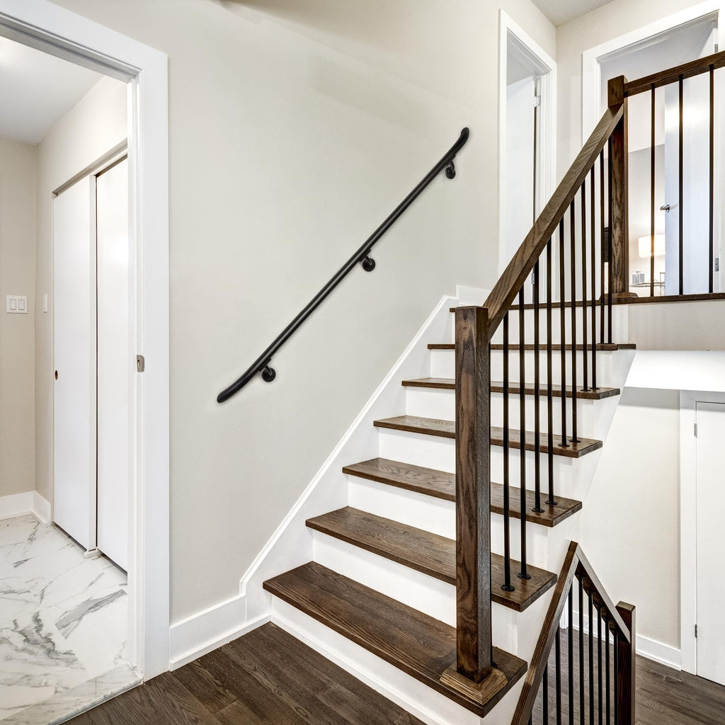Complete Aluminum Handrail KIT for Indoor/Outdoor-Stylish Round Shape with Curved Ends. Includes Wall Mounts