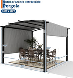 10 ft x 10 ft Outdoor Arched Pergola, Metal Gazebo with Retractable Sun Shade for Backyards, Lawn