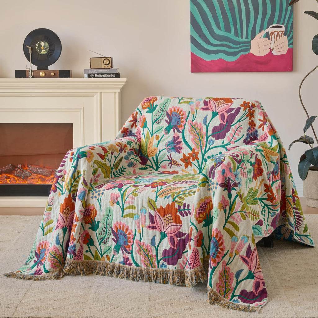 Boho Throw Blanket, 100% Soft Cotton Floral Quilt, 90"x 98"