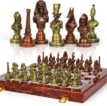 Large Egyptian Metal Chess Set for Adults - 15 Inch Foldable Wooden Chess Board with Weighted Antique Chess Pieces