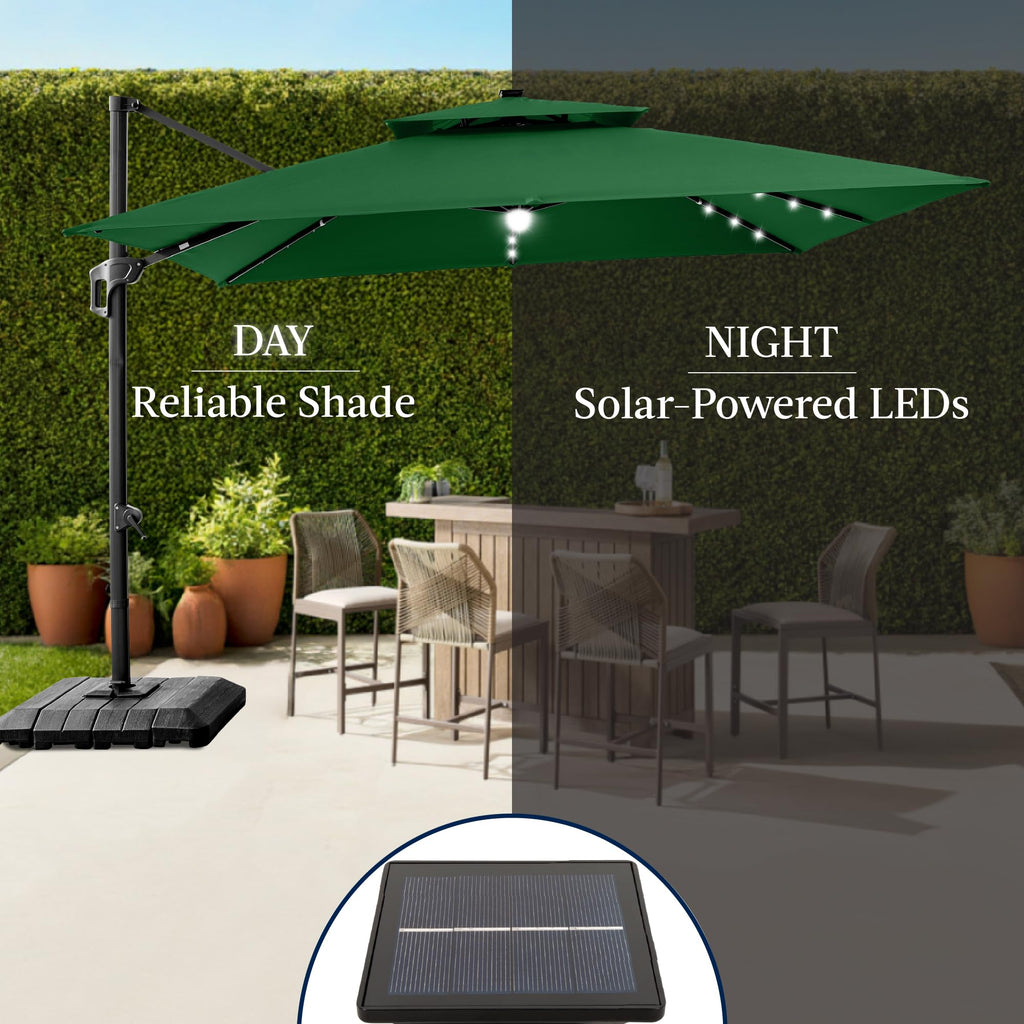 9x12ft LED Cantilever Patio Umbrella w/Base Included & 360° Rotation, Large Solar Offset Hanging Outdoor Sun Shade