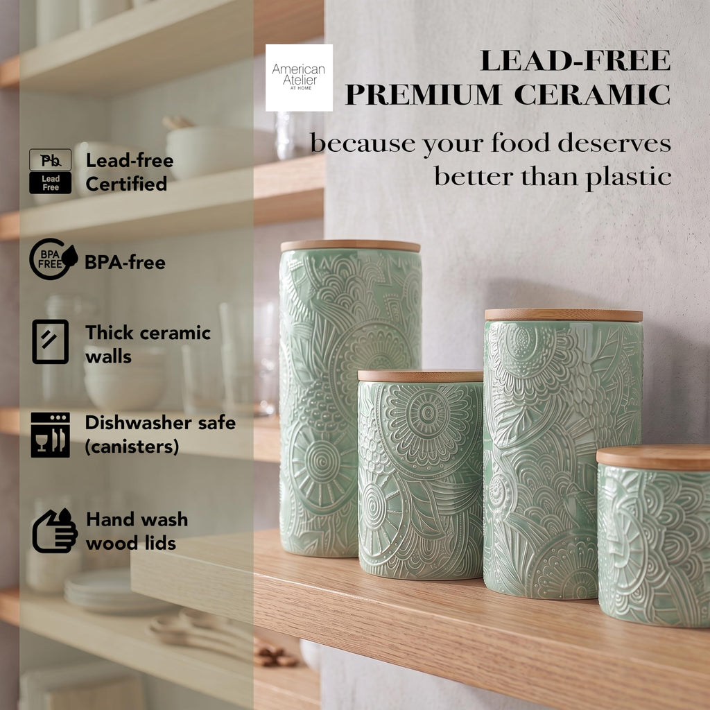 Ceramic Kitchen Canister Set Embossed, Wood Lids Sage, 4PC