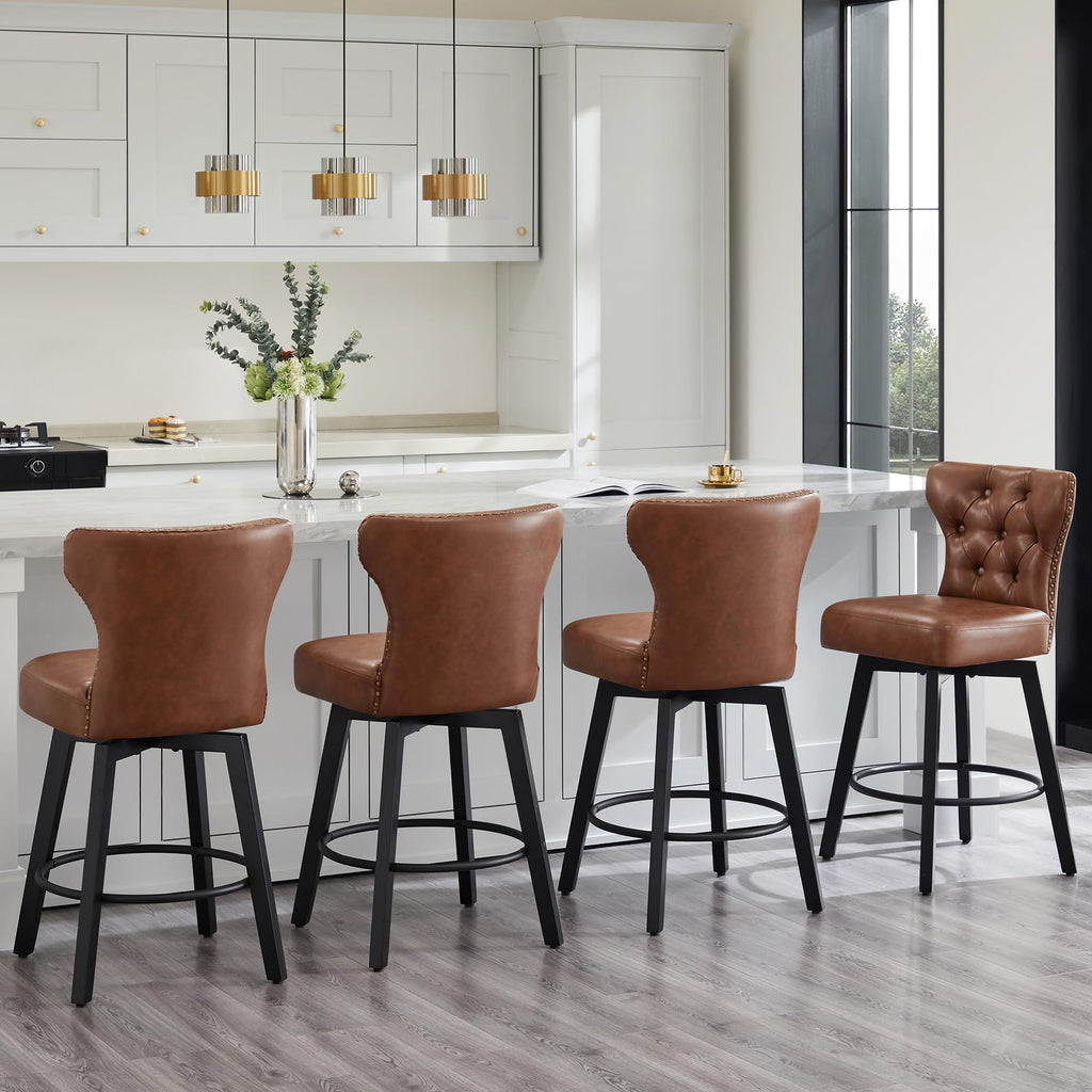 Counter Height Barstools 26 inch Upholstered Button Tufted Swivel Bar Stools with Back Island, Set of 2, Brown PU