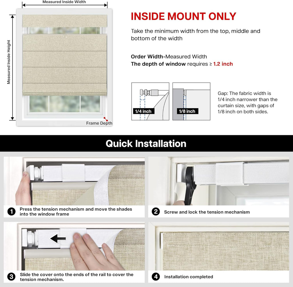 No Drill TDBU Roman Shades, Blackout - Beige, 20" W x 64" H | No Tools Top Down Bottom Up Cordless Fabric Blinds for Window, Thermal Insulated UV Blocking for Bedroom & Living Room