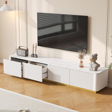 Fluted TV Stand with Gold Base and 4 Drawers, White