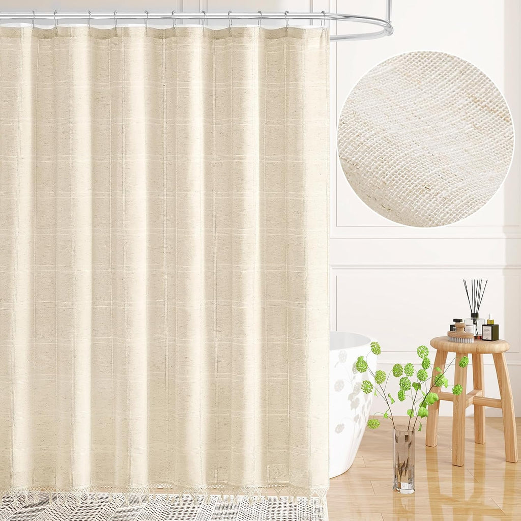 Linen Boho Farmhouse Shower Curtain Set with Tassel, Modern Bohemian French Country Chic Bathroom Shower Curtain Set