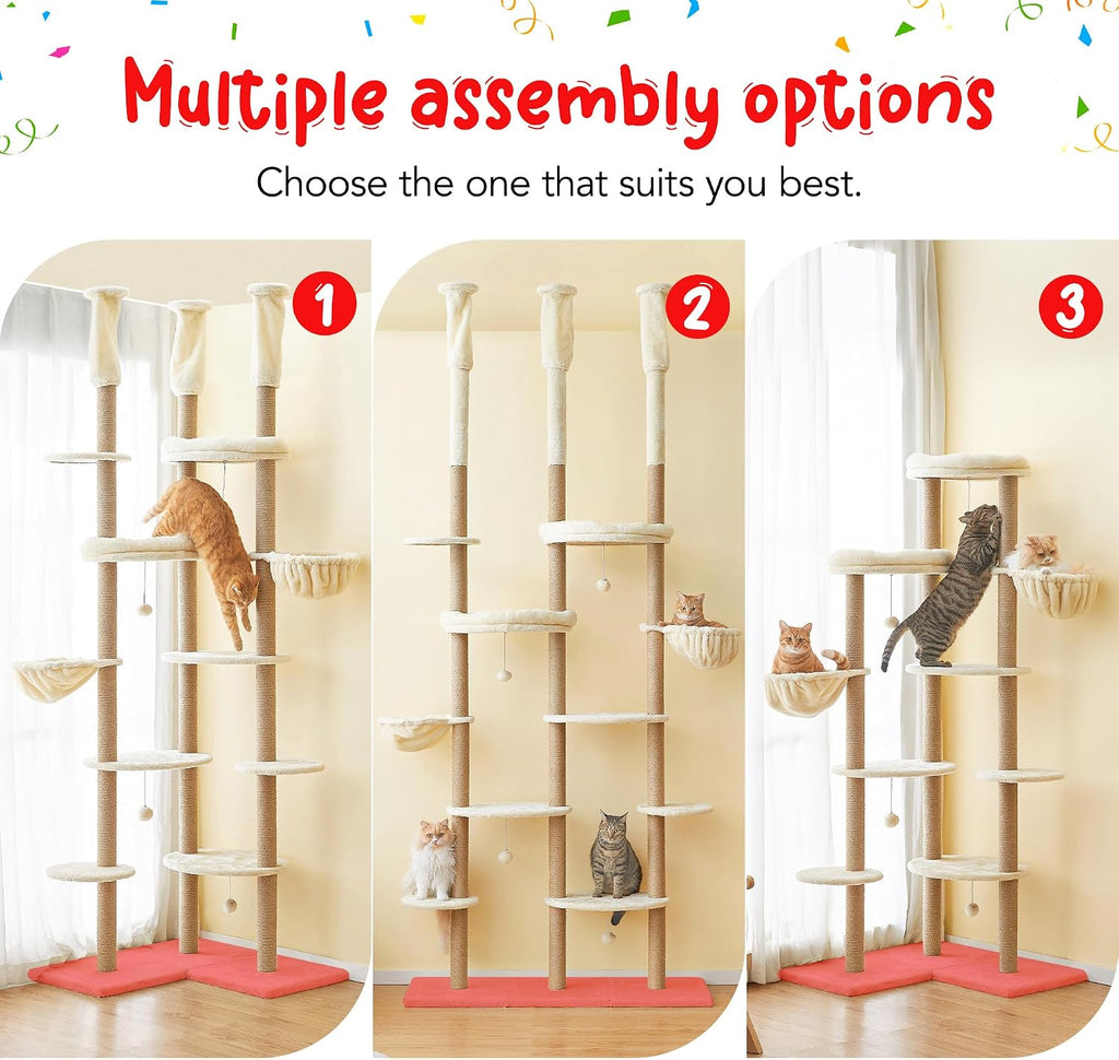 Floor to Ceiling Cat Tree, Tall Cat Tower Adjustable Height (88"-114"=223-290CM), 6-Tier Cat Climbing Tower with 18