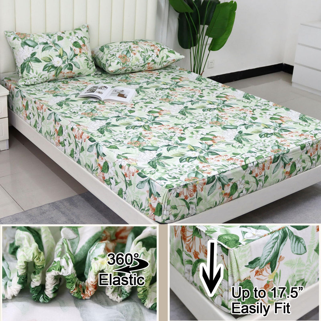 Green Floral Sheet Set Cal King, 100% Cotton Pink Flower Printed Sheets College Sheets Botanical Shabby White Floral