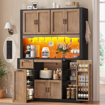 71" Pantry Cabinet with Charging Station and LED Light, Kitchen Pantry Cabinet with Microwave Stand, 47.2" Wide