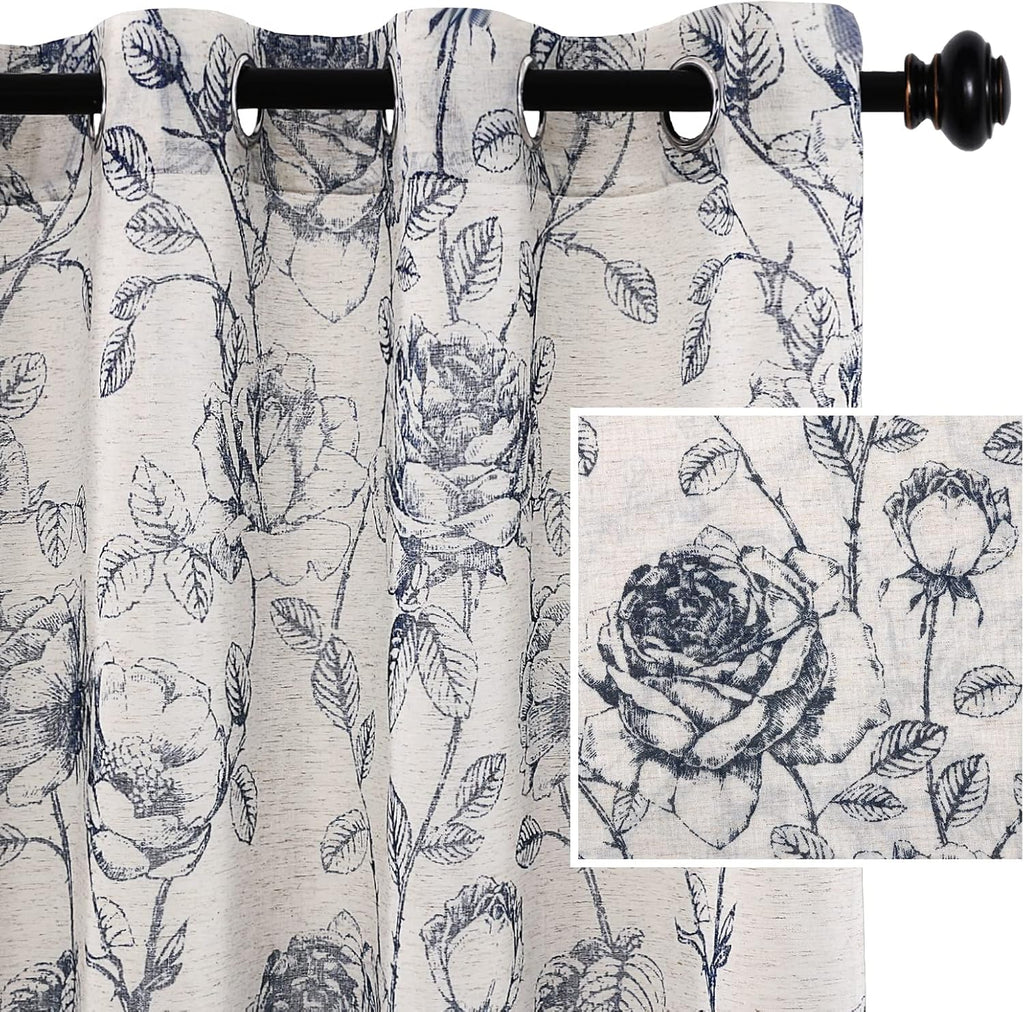 Boho Floral Linen Curtains, Semi Sheer Light Filtering Curtain, Drapes 108 Inch Length 2 Panels Set, Grommet