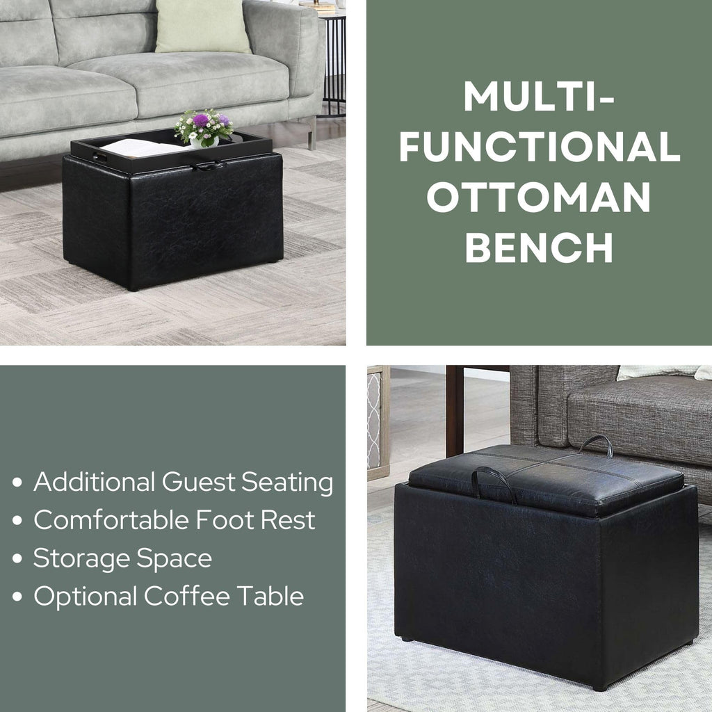 Designs4Comfort Accent Storage Ottoman 22.75" - Modern Foot Stool with Decorative Tray, Black Faux Leather