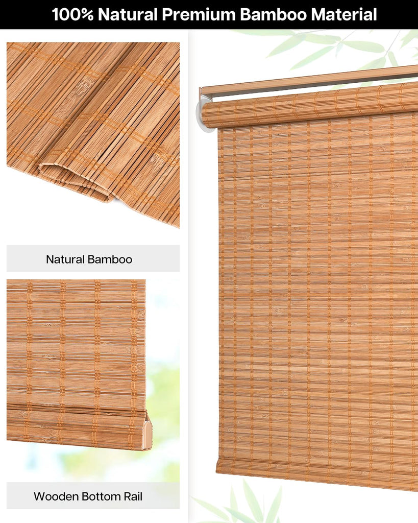 Cordless Bamboo Roller Shades, 66" W x 70" H, Squirrel