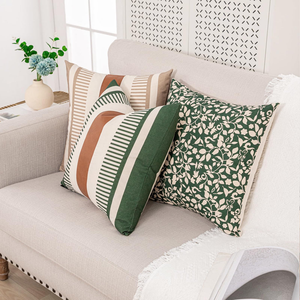 Decorative Farmhouse Throw Pillow Covers 18x18 Accent Faux Leather Pillowcase Rustic Boho Decor, Olive Green and Beige