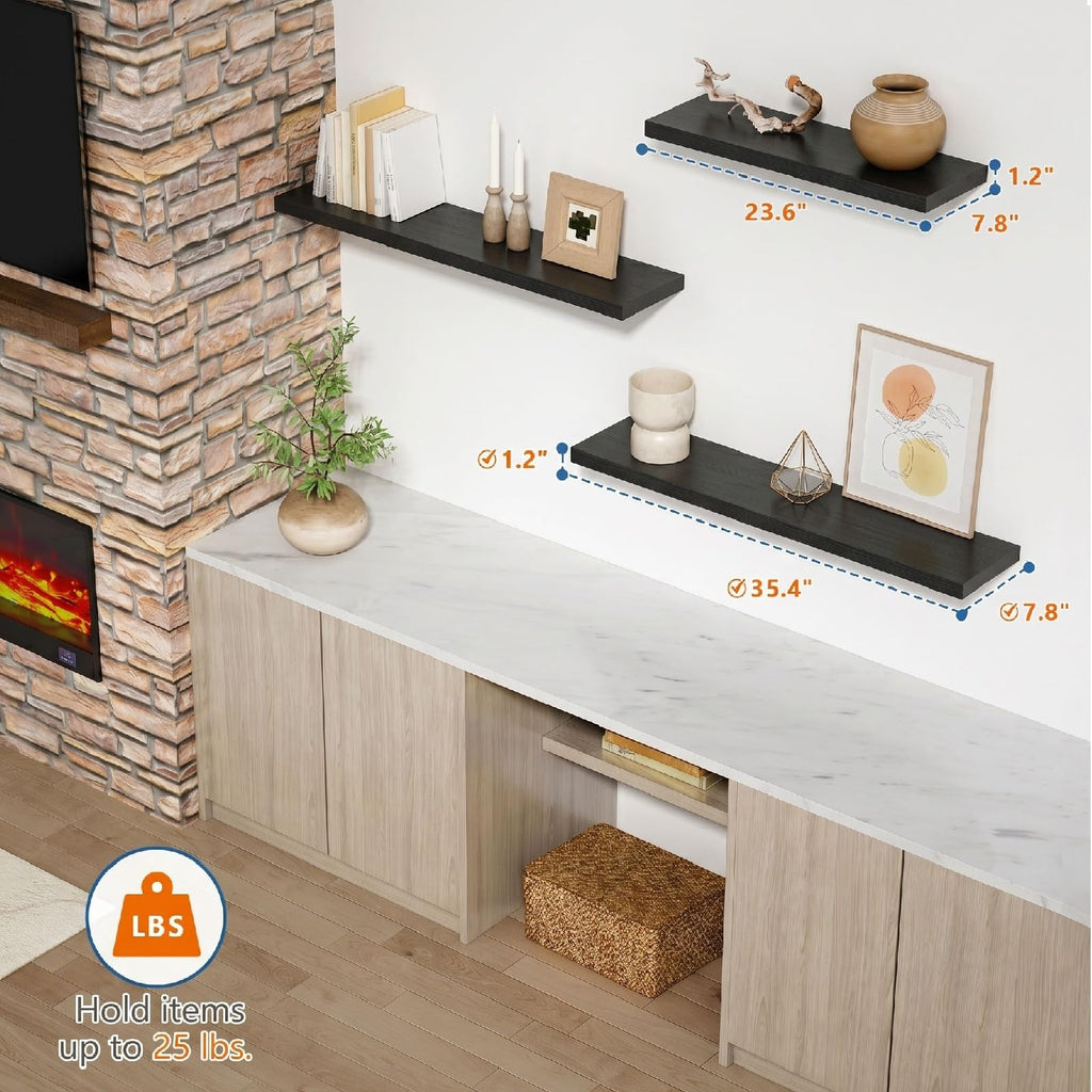 Black Floating Shelves 36 Inch Long, 8" Deep Wall Shelves Books