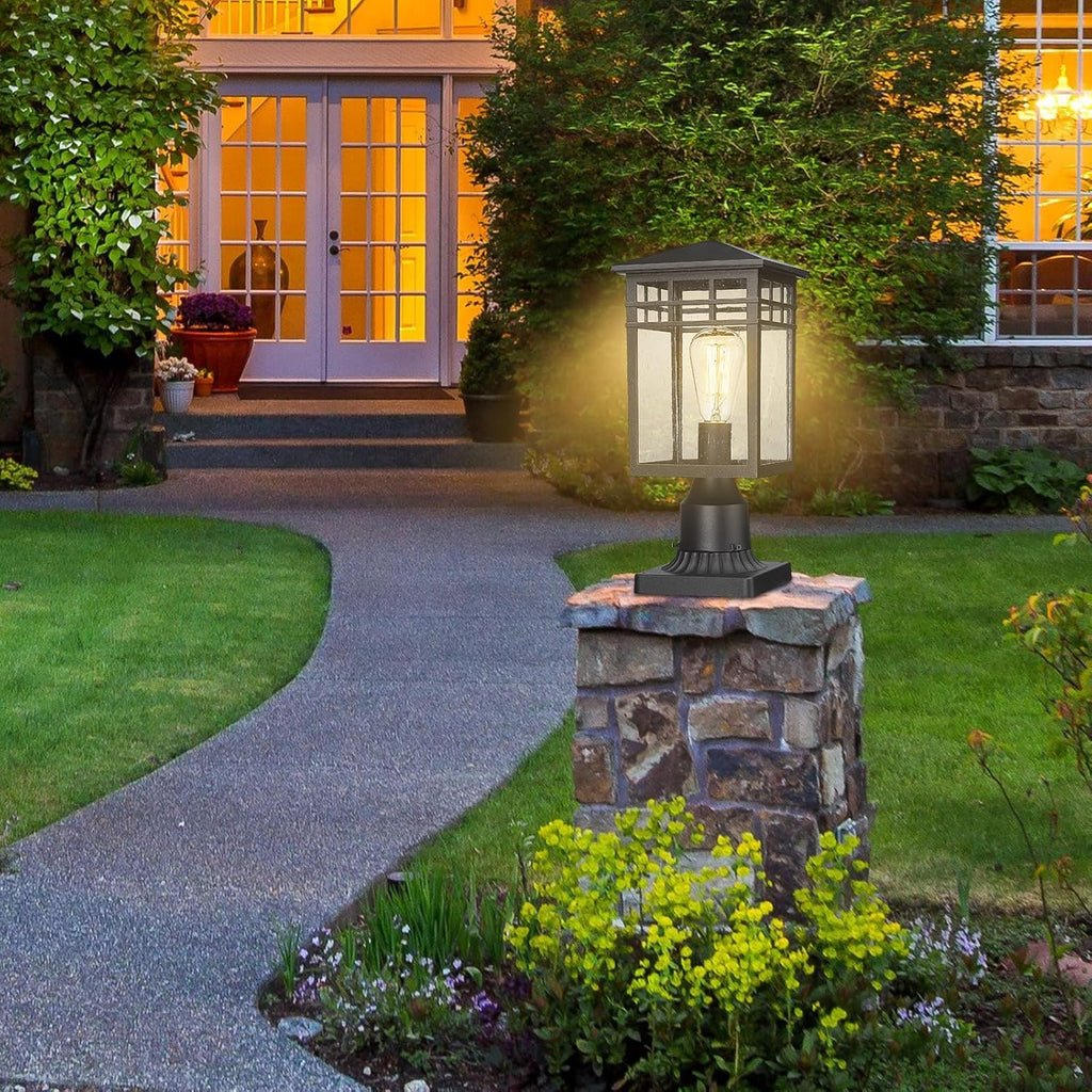 Outdoor Post Light Fixture, Modern Exterior Pillar Lantern with Black Finish & Seeded Glass, Pole Light for Garden