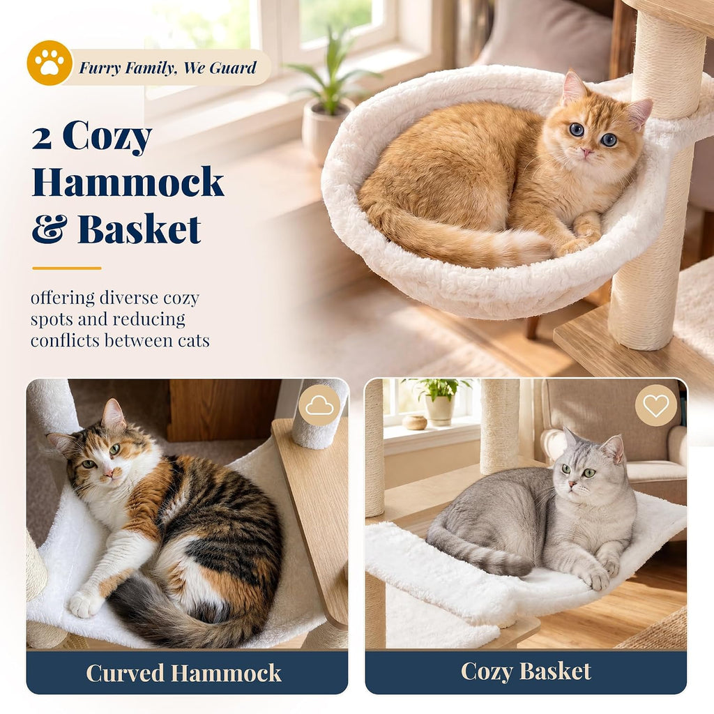 Wooden Cat Tree Tower with Rattan Condo, Big Platform