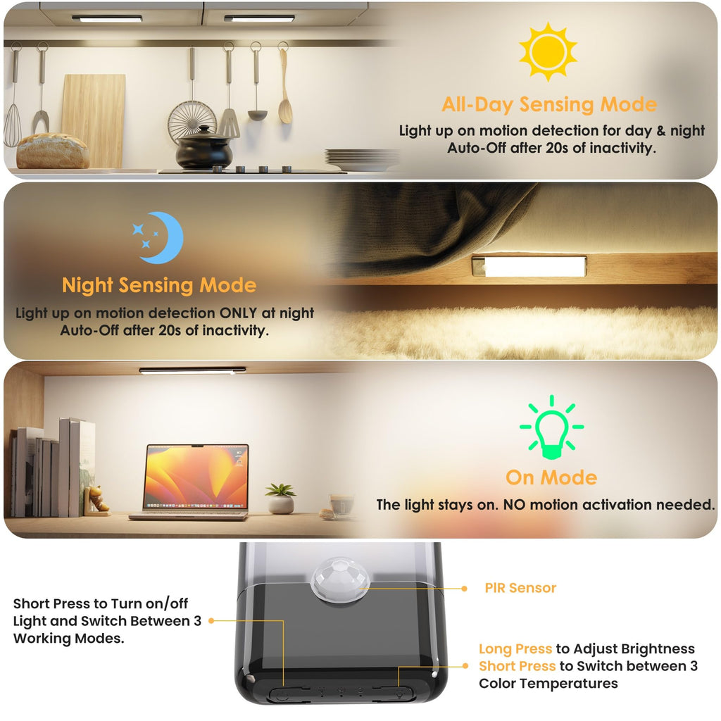 Motion Sensor Under Cabinet Light, 3CCT, 7.9 inch, Black