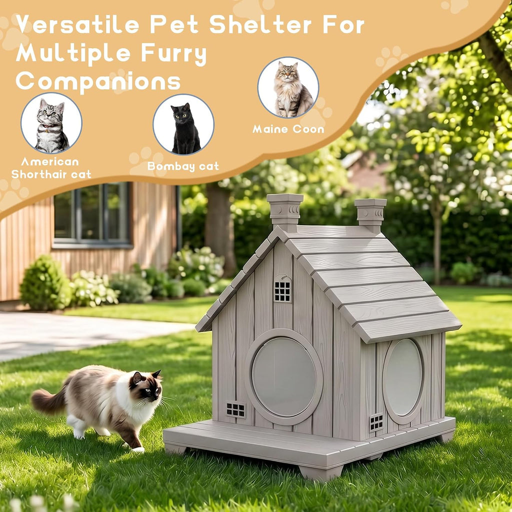 Outdoor Cat House Weatherproof 1-Story Durable Resin, Grey