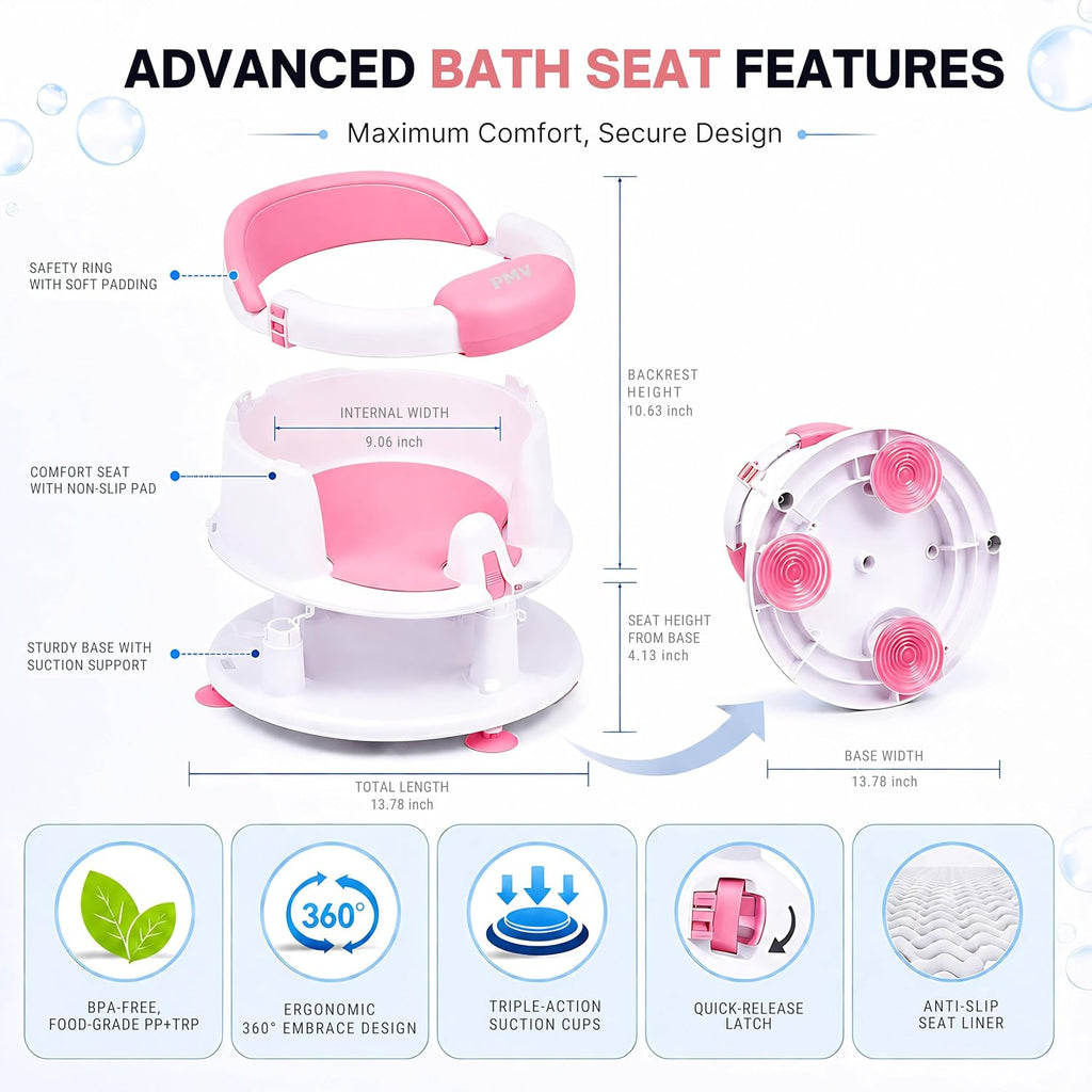 Baby Bath Seat for Sitting Babies, Non-Slip Baby Bath Chair with 3 Suction Cups, Safe & Comfortable Toddler Bath