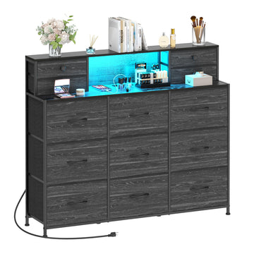 Black Dresser with Charging Station and LED Lights 13 Drawers Dressers Long Dressers & Chests of Drawers Hallway