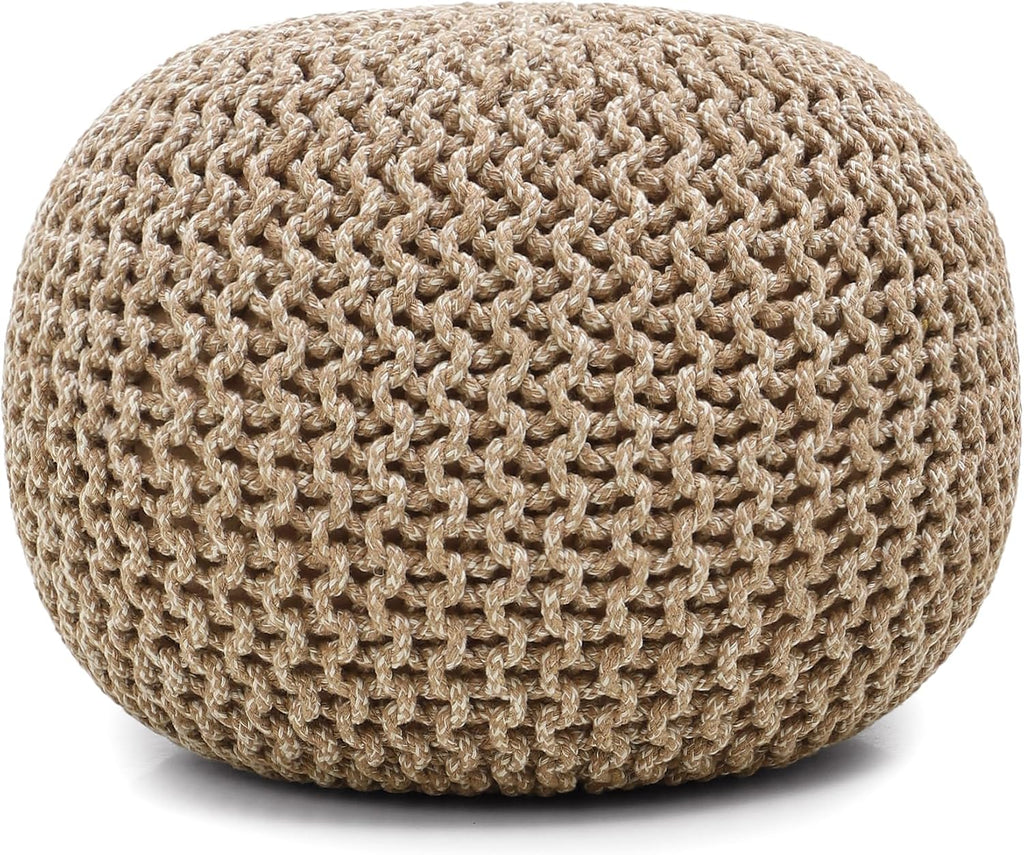 Round Pouf Ottoman - Hand Knitted Boho Poof - Beige Ivory | 100% Cotton, 19.5"x19.5"x14"; Doubles as Footstool, Foot