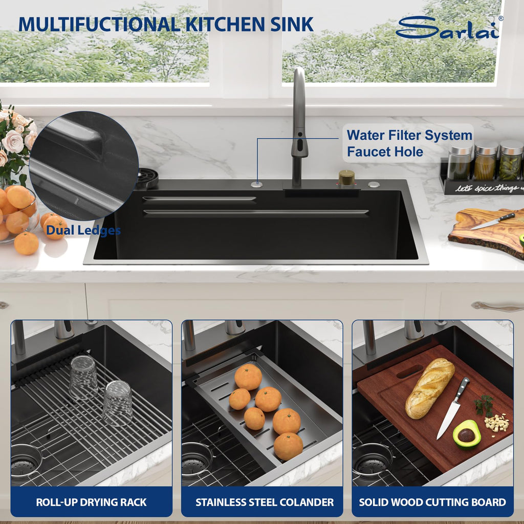 36 Inch Waterfall Kitchen Sink Workstation - 36x22 Black Waterfall Drop In Sink Stainless Steel 16 Gauge Sink