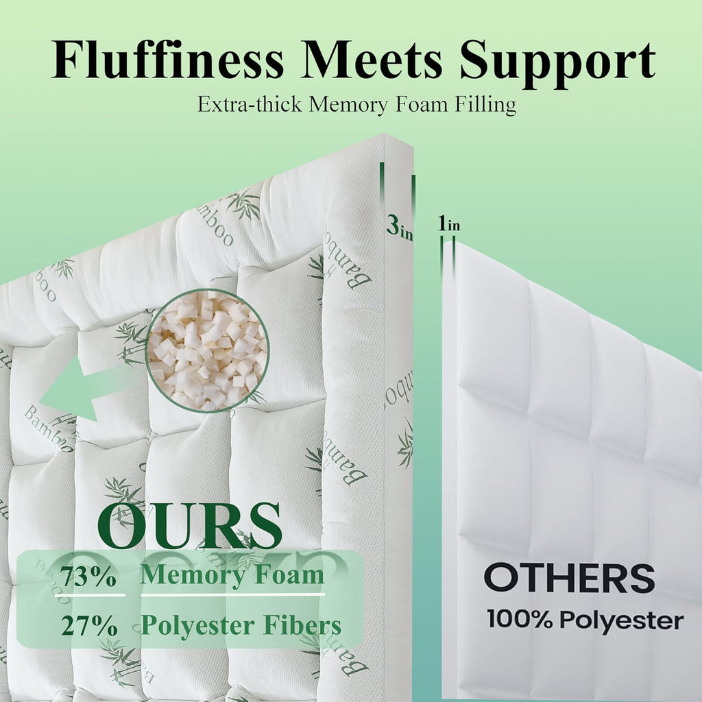 3 Inch Queen Size Memory Foam Mattress Topper for Back Pain Relief, Breathable Gel Memory Foam, Cooling Bamboo