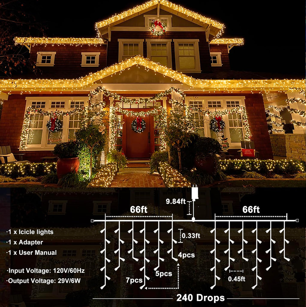 Icicle Christmas Lights Outdoor, 132ft 1280 LED Icicle Lights for Outside, Plug in Twinkle Lights Indoor with 8 Modes
