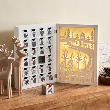 Wooden Advent Calendar with Drawers & Lights, 12 Inch White
