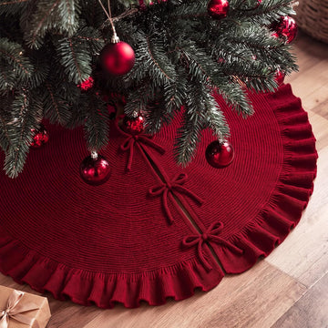 Burgundy Knit Christmas Tree Skirt with Ruffle, 48 Inch