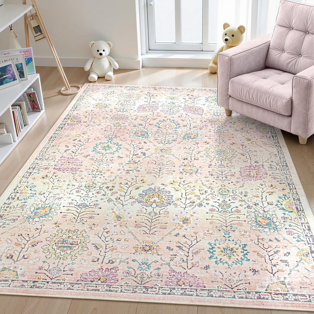 Flavie Pink Boho Area Rug for Nursery, 5x7 Washable Pink Rugs for Bedroom Girls Kids Room Living Roo