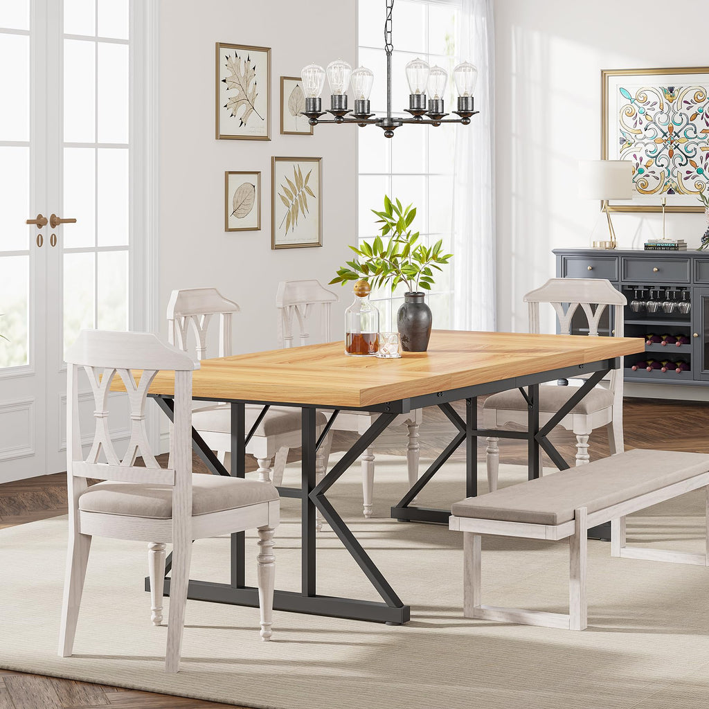 Farmhouse Dining Table for 6 People, 70.8-Inch Rectangular Wood Dining Table, Rustic Kitchen Table with Heavy Duty