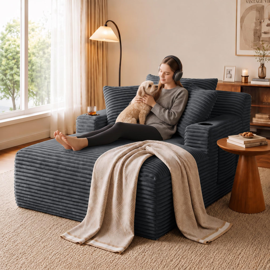 66.1" Oversized Boneless Chaise Lounge Chair Indoor, Corduroy Cloud Reading Chair for Sleeper Chair with 3 Throw