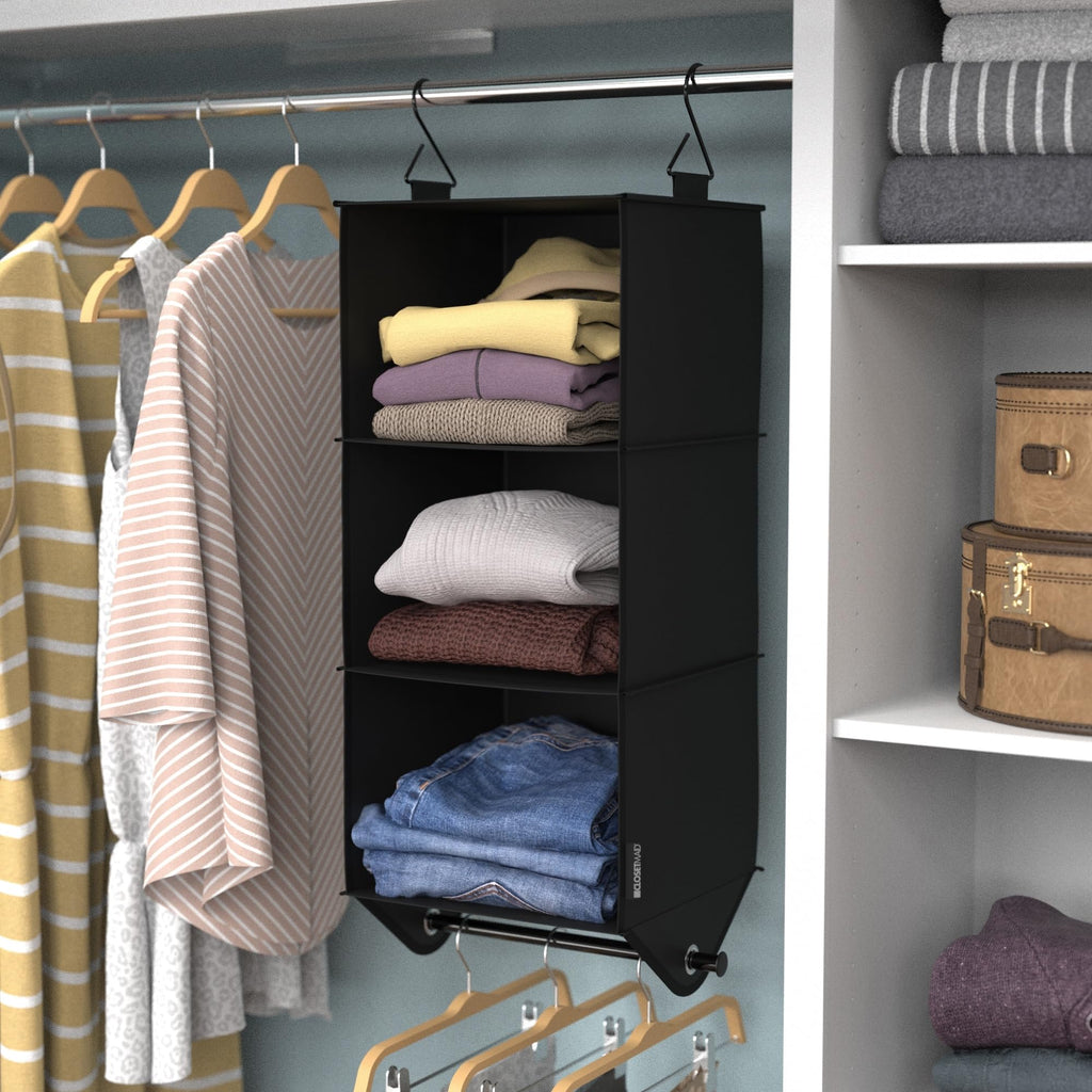 3-Shelf Fabric Hanging Closet Organizer with Garment Rod for Shirts, Sweaters, Pants, Hats, Shoes, Purses with