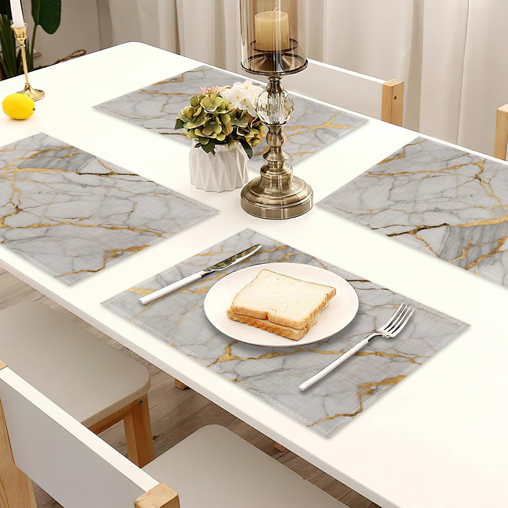 Placemats Set of 6,White Gold Marble Linen Table Mats Abstract Heat Resistant Place Mats Washable Dining Table Mats